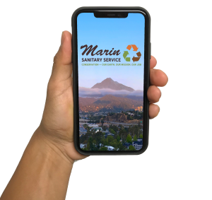 A hand holding a mobile phone with the Where Does it Go Joe Marin Sanitary App