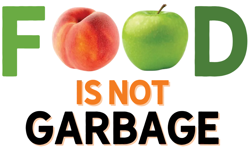 Graphic says "Food is not Garbage" the Os in food are an apple and peach