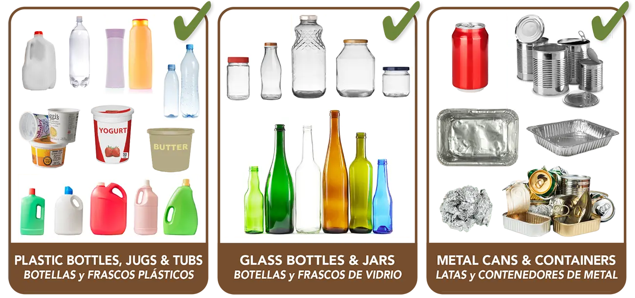 MSS Recycling Label - items accepted in the brown recycling cart such as glass bottles, plastic bottles and metal cans and trays