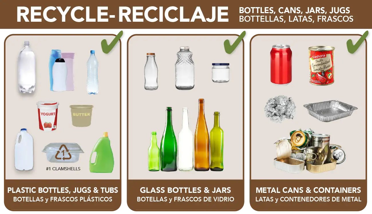 MSS Recycling Label - items accepted in the brown recycling cart such as glass bottles, plastic bottles and metal cans and trays