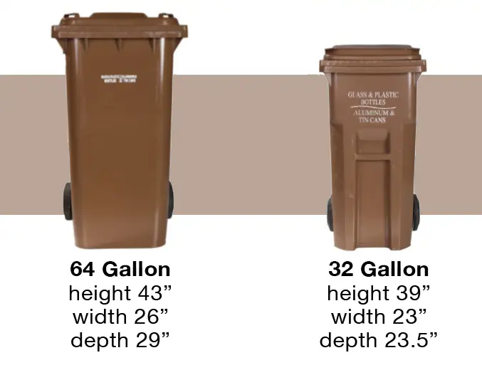 Images and dimensions of brown recycle carts for multifamily and commercial