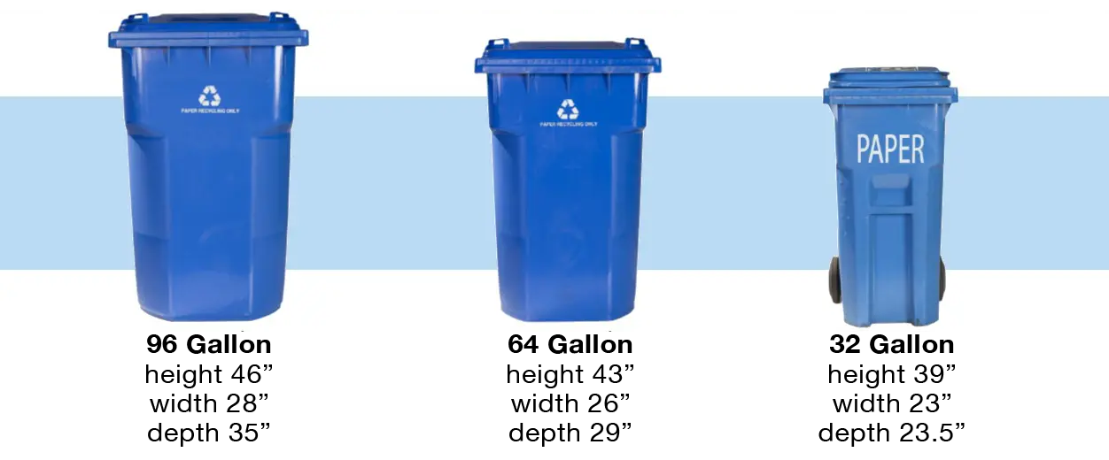 Images and dimensions of blue recycle carts for multifamily and commercial