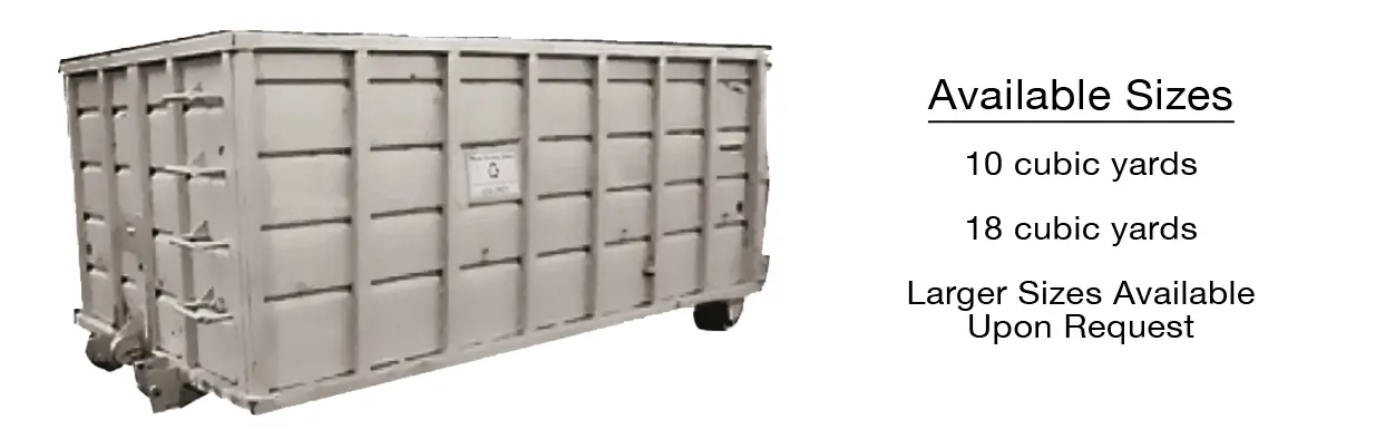 Image of a commercial roll off Bin and sizes