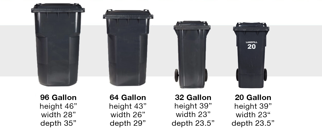 Images of the 4 residential gray garbage carts and their sizes