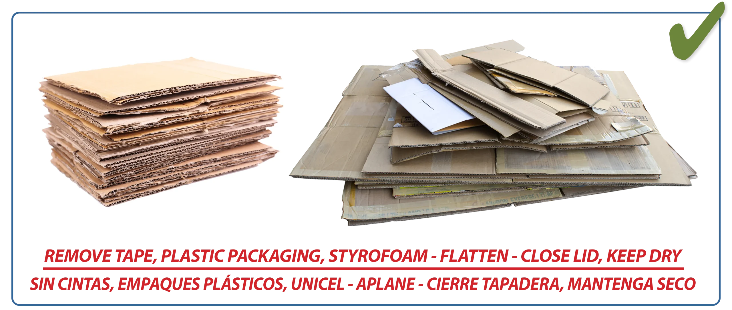 Images of stacked cardboard accepted in the cardboard recycling bin