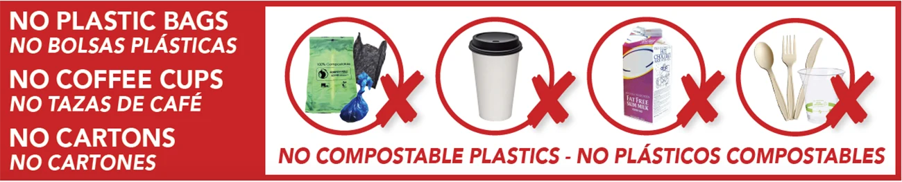 Examples of items that do not go in the MSS compostables cart such as recyclables, plastics, or milk cartons