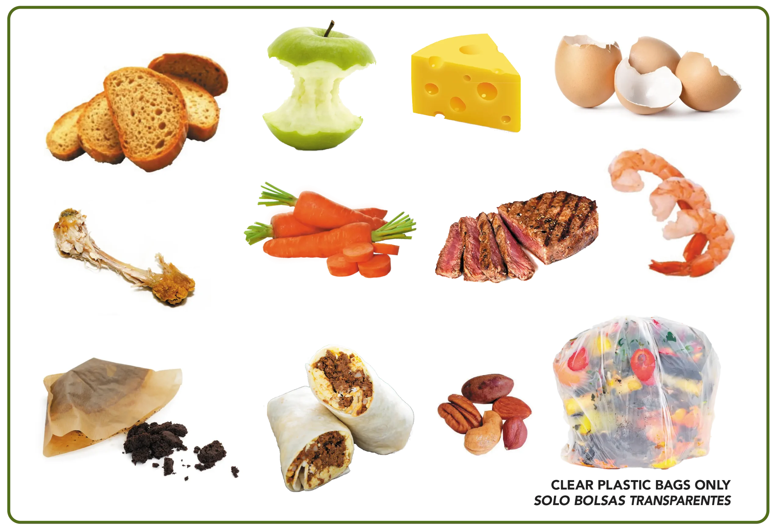 Images of food scraps allowed in the Food 2 Energy cart