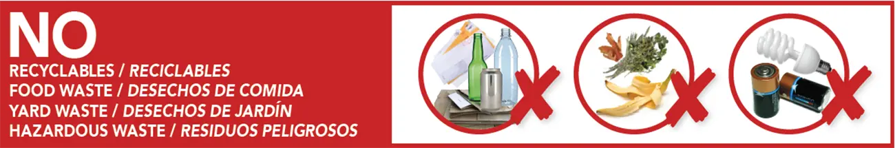Examples of items that do not go in the MSS landfill cart such as recyclables, food scraps, or HHW