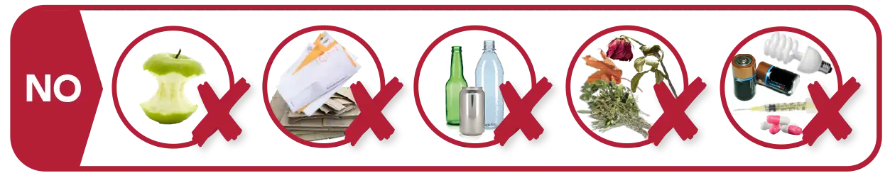 Examples of items that do not go in the MSS landfill cart such as recyclables, food scraps, or HHW