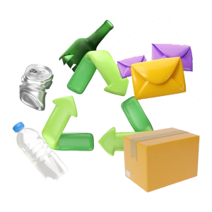 A green recycle icon surrounded by recyclable materials