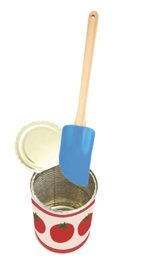 An open can with a blue spatula