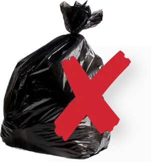 A black plastic trash bag with a red X through it