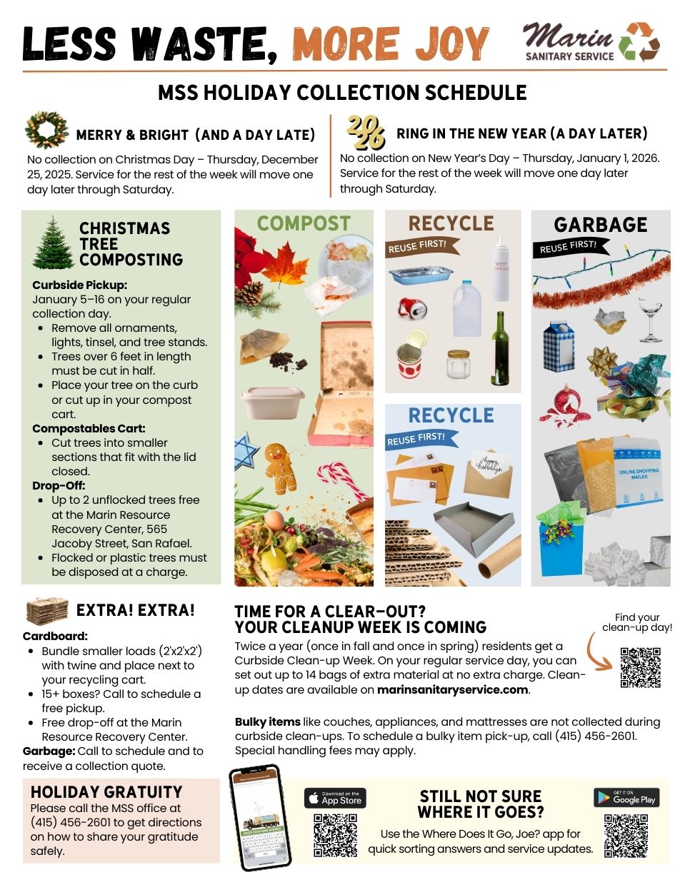 MSS 2025 Holiday Information Flyer "Less Waste, More Joy" Page 1