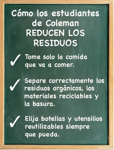 A chalkboard sign listing how Coleman Elementary approaches reducing waste