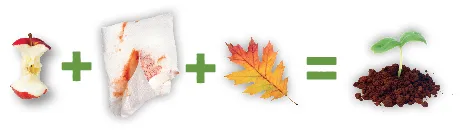 An equation with an apple core + soiled-napkin + leaf = a plant in soil
