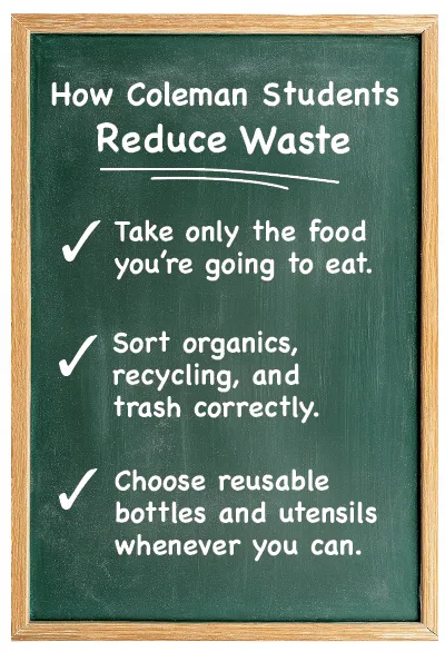 A chalkboard sign listing how Coleman Elementary approaches reducing waste